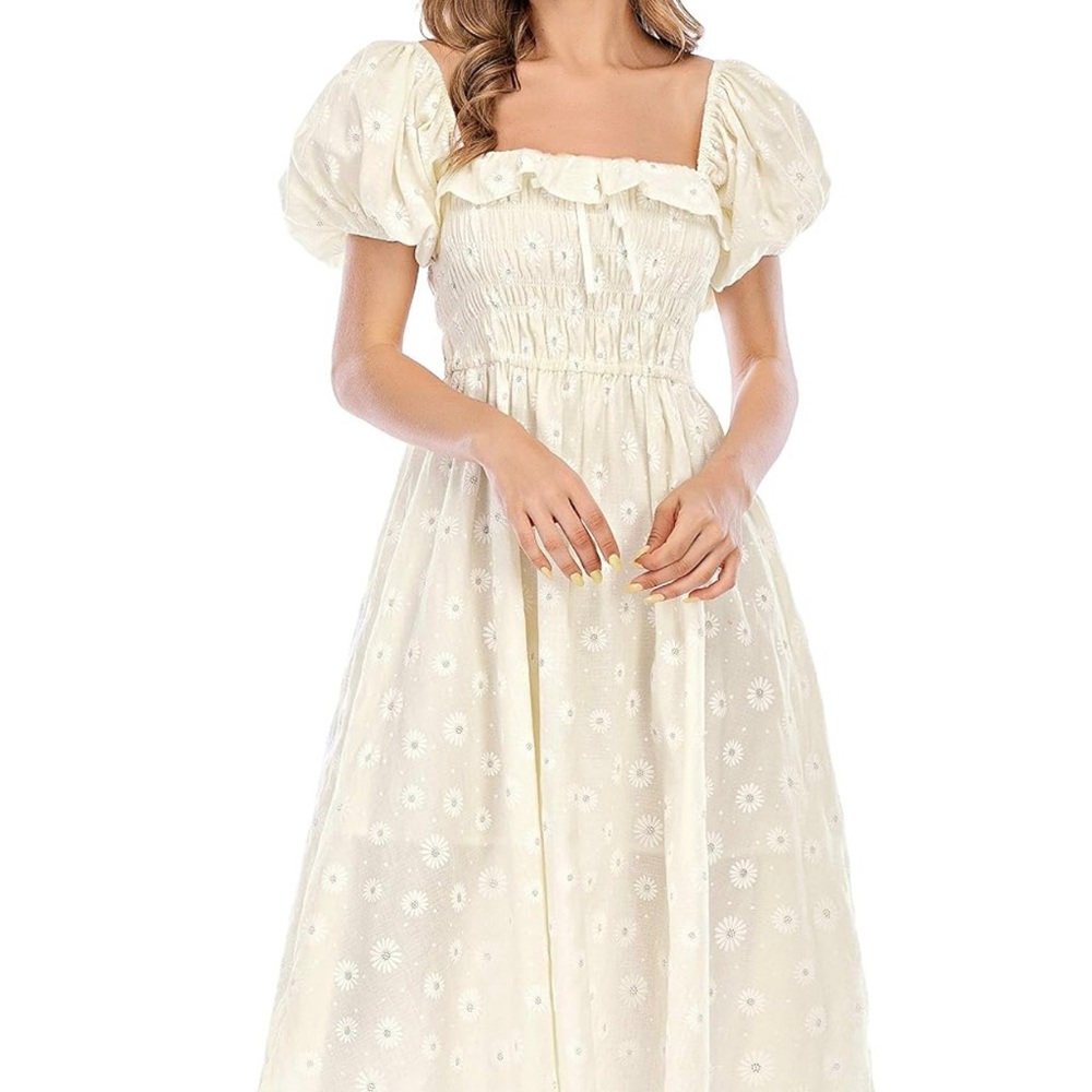 Ivory Puff-Sleeve Eyelet Midi Dress